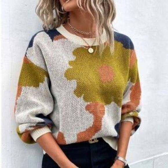 Sweaters - Floral Print Pullover Knit Sweater Multicolor Crew Neck Long Sleeve